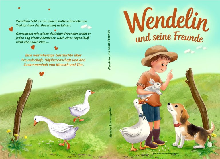 Bilderbuchcover. Kleiner junge mit Hut hebt den Zeigefinger und spricht zu seinem Hund, dem Hasen und der Gans.