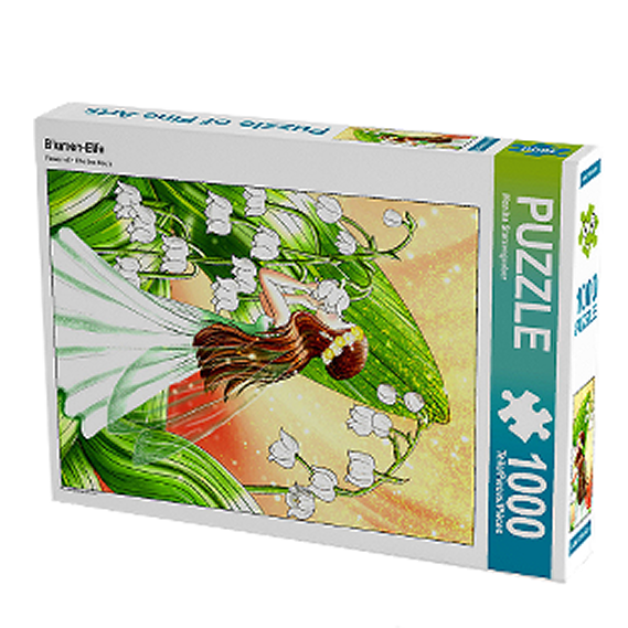 Puzzleschachtel mit einer Blütenjungfrau und grünen Blättern auf buntem Hintergrund.