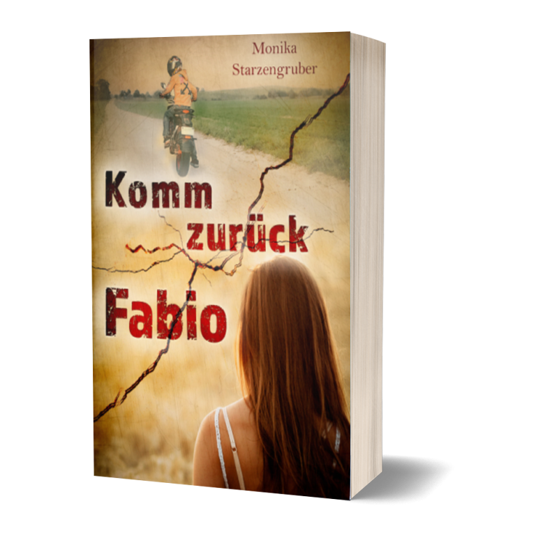Cover eines Buches mit dem Titel "Komm zurück Fabio", einer Frau im Vordergrund und einem Motorradfahrer im Hintergrund.