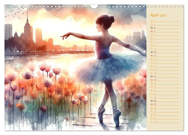 Balletttänzerin in Tütü vor einer blühenden Landschaft und Stadtansicht bei Sonnenuntergang.