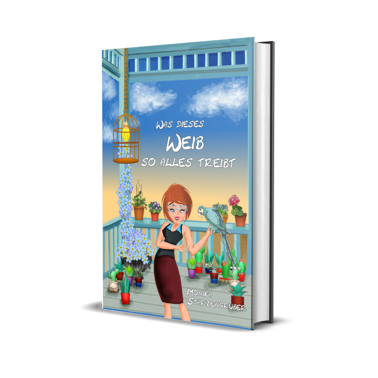 Buchcover mit einer Frau, die mit Papagei auf einer Veranda steht, umgeben von Pflanzen und Sonne.