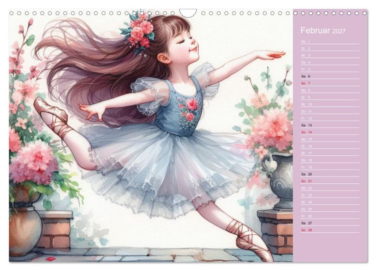 Ein Mädchen in einem rosa Tutu tanzt vor blühenden Blumen.