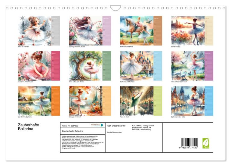 Kalender mit Künstlermotiven von Balletttänzerinnen und Natur.