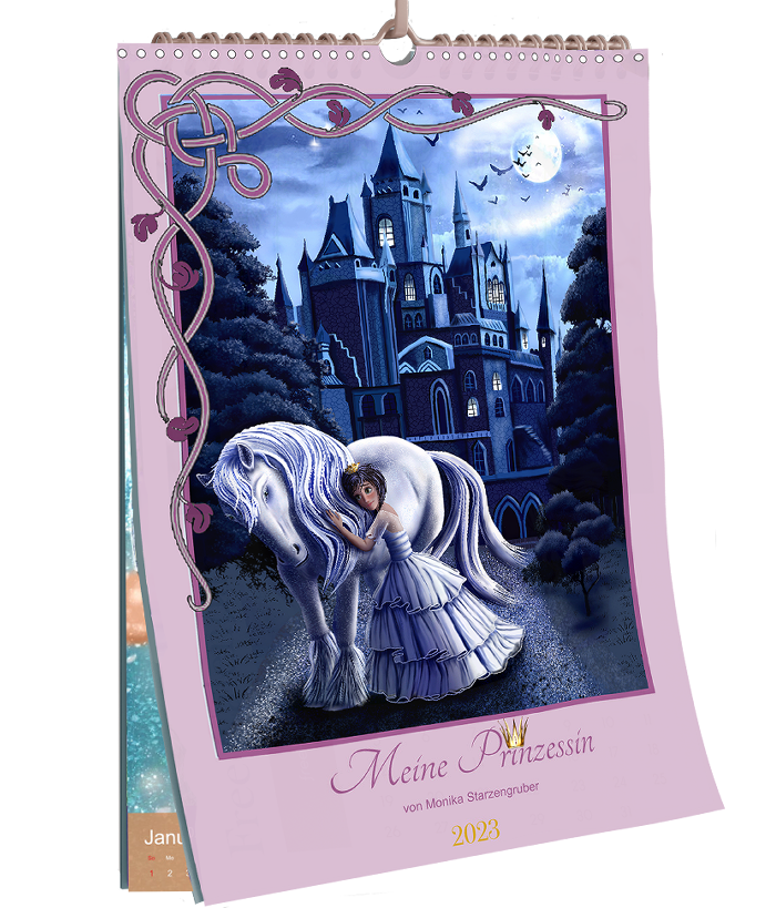 Mädchen in weißem Kleid umarmt ein Pferd vor einer märchenhaften Burg bei Nacht.