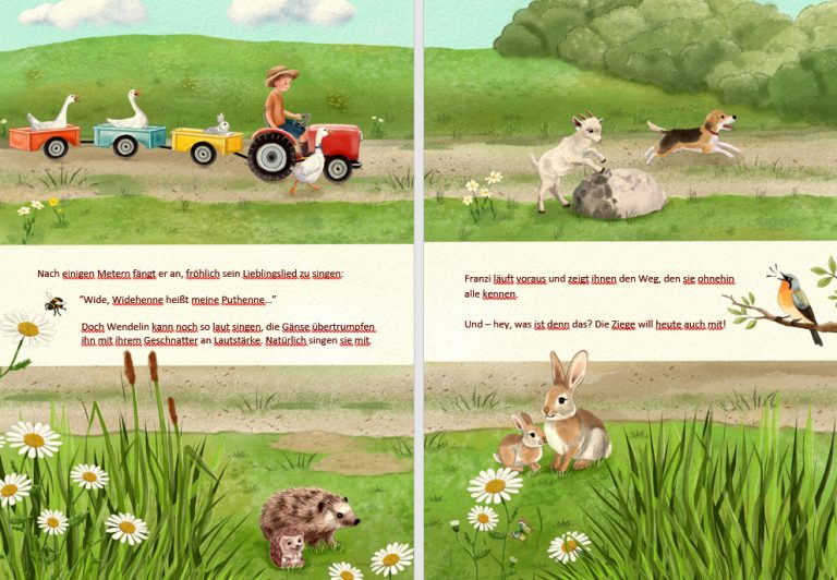 Kleiner Junge mit Hut sitzt in seinem Traktor mit 3 Anhänger. Darin sitzen 2 Gänse und eine Hase. Die Ziege, der Hund und noch eine Gans lau