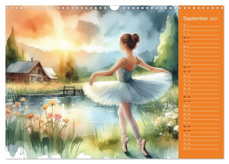 Tänzerin in Tütü vor einem See, umgeben von Blumen und einer malerischen Landschaft.