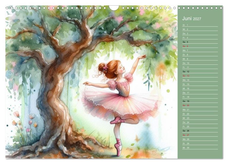 Tanzendes Mädchen in tutuförmigem Kostüm vor einem Baum mit bunten Blüten.