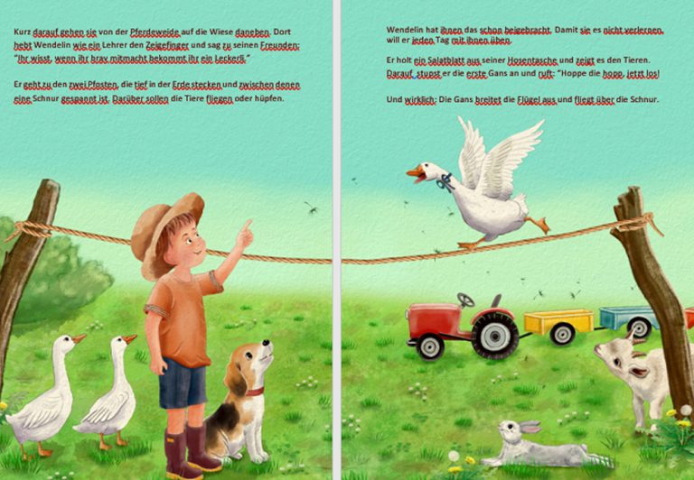 Junge mit Hut lässt Gans über ein Seil springen (fliegen). 2 Gänse, Hund, Hase, Ziege sehen zu.