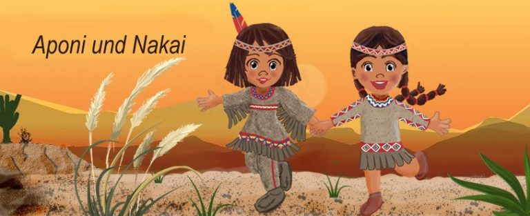 Zwei Indianer-Kinder in traditioneller Kleidung, die fröhlich in der Natur spielen.