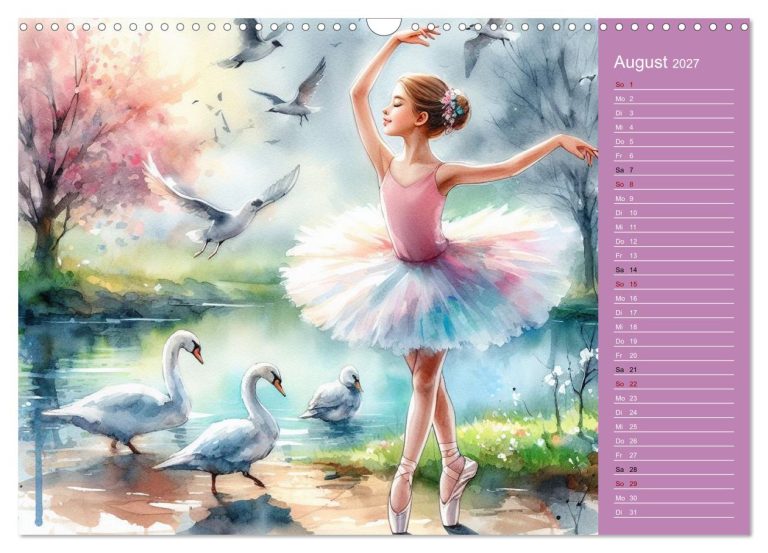 Balletttänzerin in einem bunten Tutu, umgeben von Schwänen und Vögeln am Wasser.