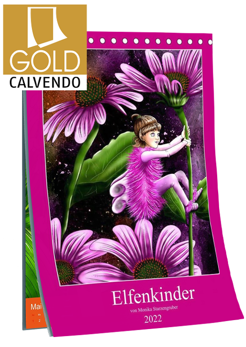 Eine Elfe sitzt nachts auf einer Blüte, umgeben von bunten Blumen. Kalender für Elfenfreunde.