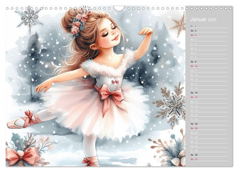 Elegant Balletttänzerin in Winterlandschaft mit Schnee und dekorativem Kalender.