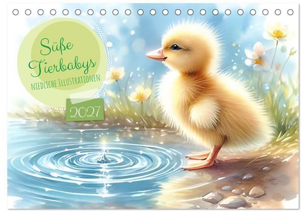 Küken am Wasser, umgeben von Blumen und Sonnenlicht, mit sanften Wellen im Vordergrund.