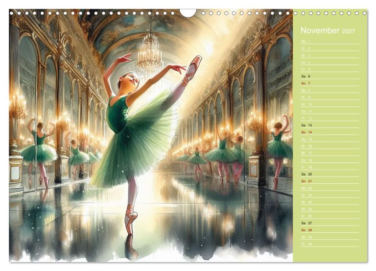 Balletttänzerin in grünem Kleid in einem prächtigen Saal mit Kronleuchtern.