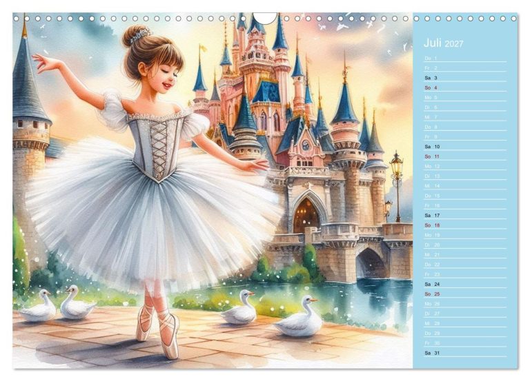 Ein Mädchen im Balletkleid tanzt vor einem Märchenschloss mit Schwänen im Wasser.