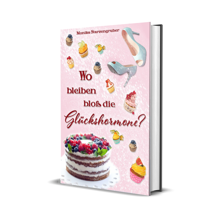Buchcover mit einer mehrschichtigen Torte und bunten Backwaren auf einem rosa Hintergrund.