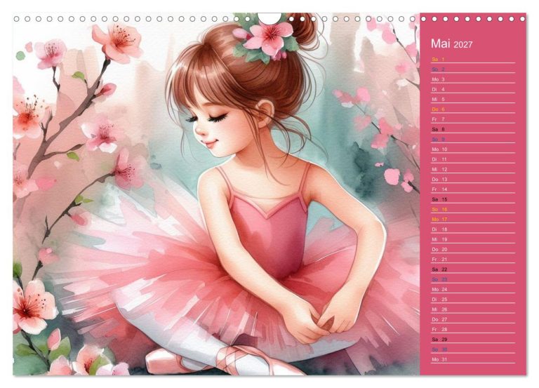 Balletttänzerin in rosa Tutu, umgeben von blühenden Kirschblüten.