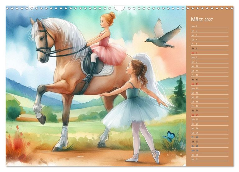 Zwei Ballerinas, eine mit Pferd, in einer bunten Landschaft mit Vögeln im Hintergrund.