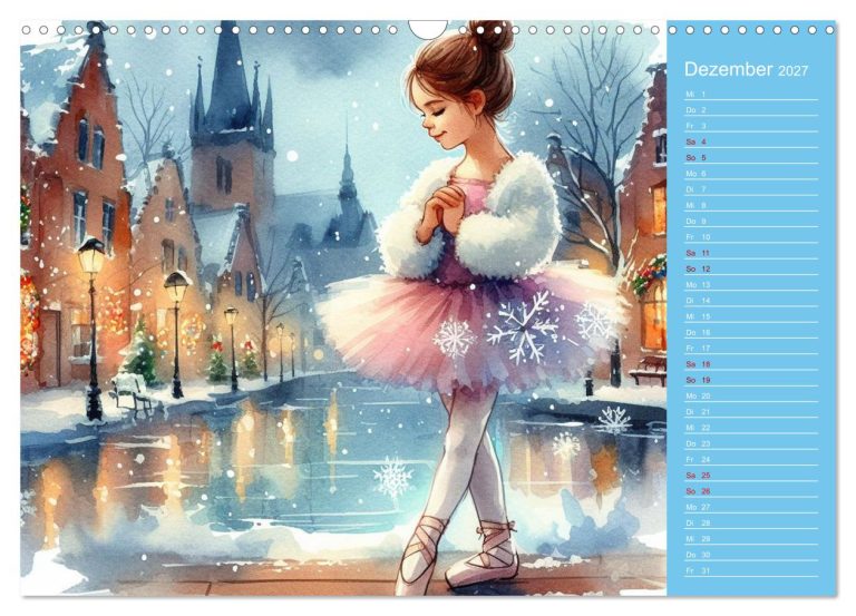 Mädchen im Ballettkleid tanzt auf einem gefrorenen Teich in einer winterlichen Stadt.