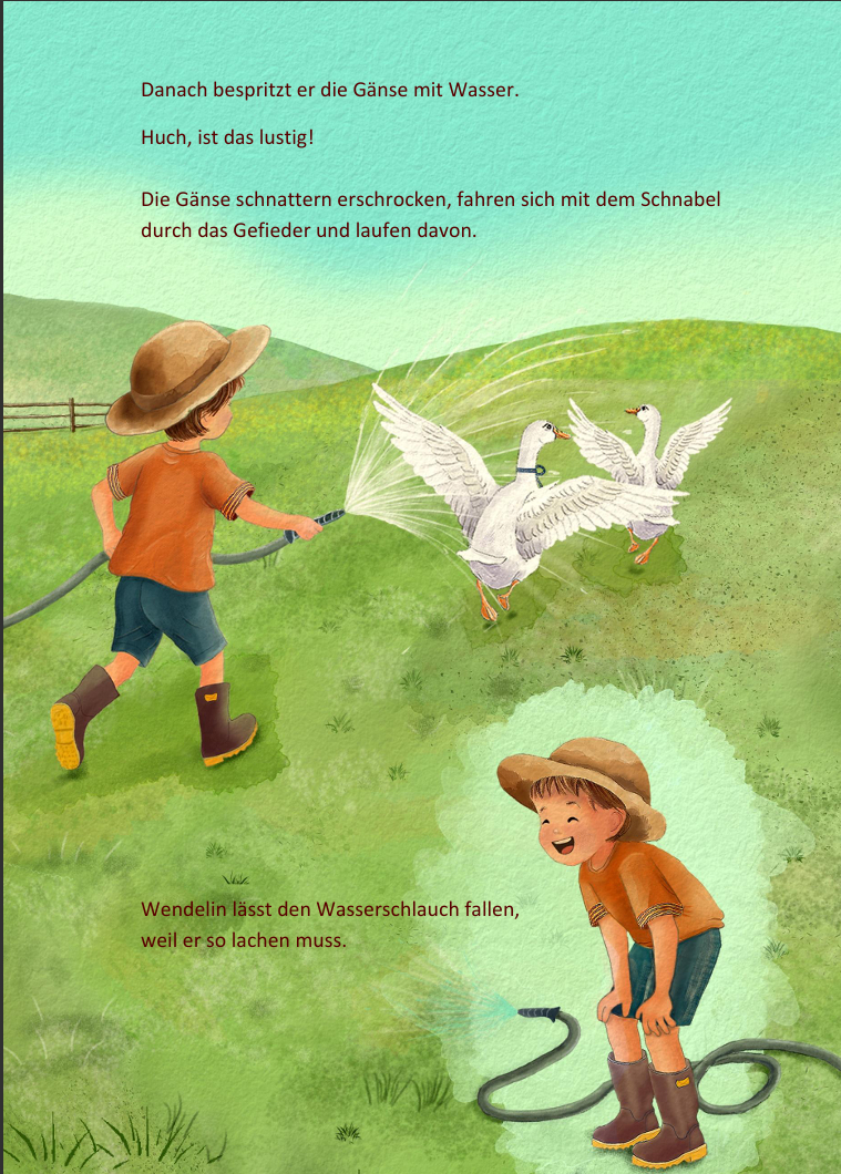 Kleiner Junge mit Hut bespritzt Gänse mit Wasserschlauch, die rennen davon. Wiese und blauer Himmel.