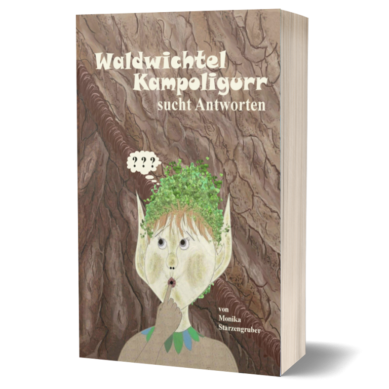 Buchcover mit einem Waldwichtel mit Blätter als Hut und verwunderter Mimik vor einem Baumstamm.
