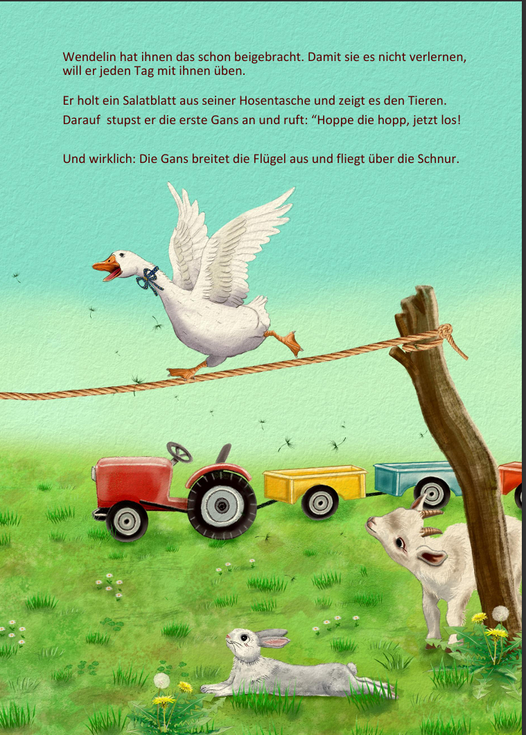 Gans mit blauer Schleife am Hals springt über ein Seil. Kinder-Traktor im Hintergrund, blauer Himmel.