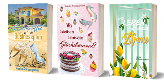 Das Leben ist wie eine Zitrone, was dieses Weib so alles treibt, wo bleiben bloß die Glückshormone Drei farbenfrohe Buchcover mit Fruchtmotiven und einem fröhlichen Charakter.