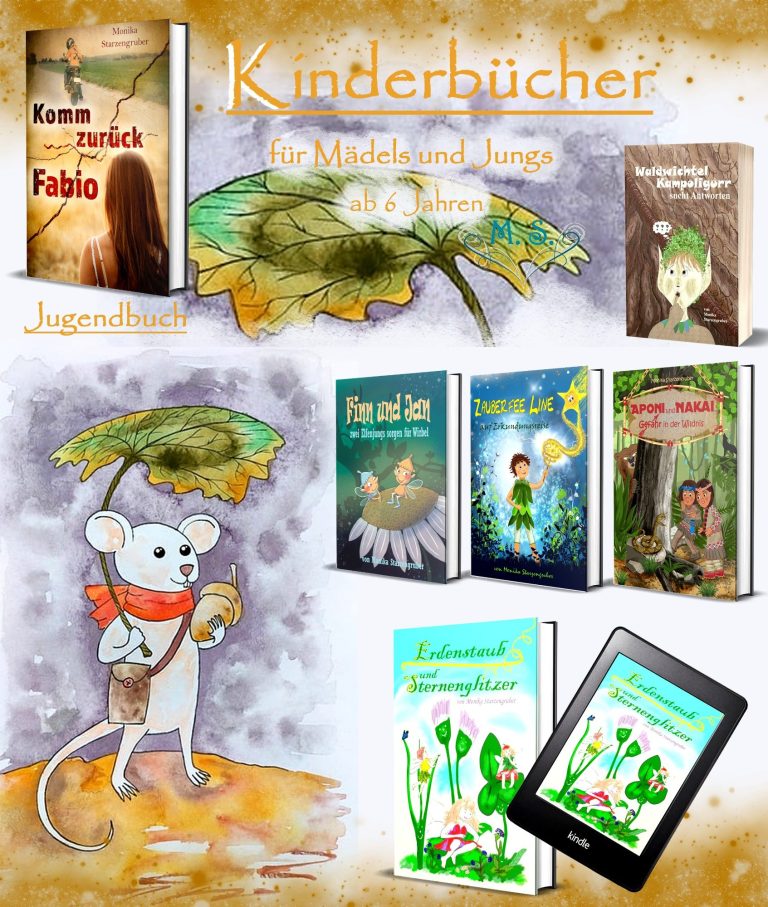 Vielfalt von Kinderbüchern, darunter beleuchtete Cover und ein niedlicher Begleiter (Maus unter einem Blatt).
